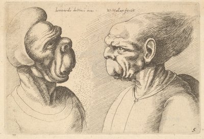 Kaksi vääntynyttä päätä sisäänpäin, 1625-77. tekijältä Wenceslaus Hollar