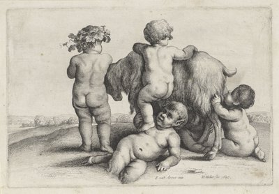 Neljä poikaa, satyyri ja vuohi Putti and Satyrs (sarjan nimi) tekijältä Wenceslaus Hollar
