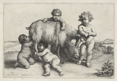 Neljä poikaa, satyyri ja vuohi seisoo oikealla Putti and Satyrs (sarjan nimi) tekijältä Wenceslaus Hollar