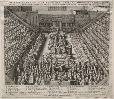 Westminster Hall, sisätilat, Straffordin jaarlin oikeudenkäynti tekijältä Wenceslaus Hollar