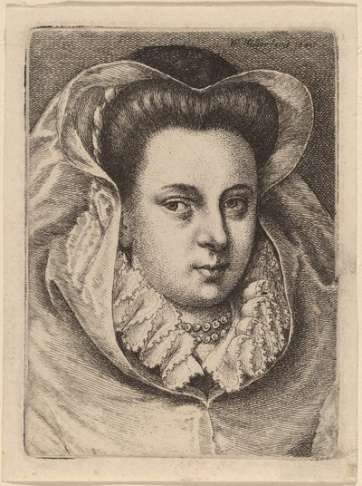 Nainen, jolla on valkoinen huntu ja musta hattu (Mary Stuart?) tekijältä Wenceslaus Hollar