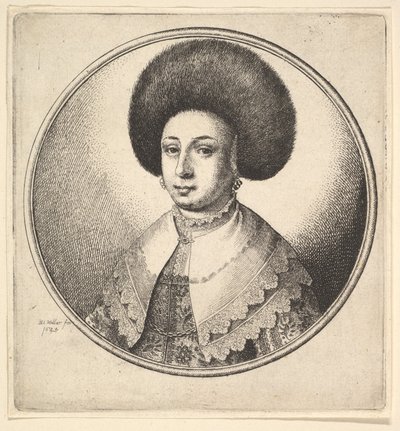 Nainen, jolla on suuri pyöreä turkishattu ja korvakorut, 1645. tekijältä Wenceslaus Hollar