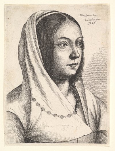 Nuori nainen huivi päässä, Bonsignorin mukaan, 1645. tekijältä Wenceslaus Hollar