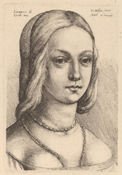 Oikealta katsovan naisen johtaja tekijältä Wenceslaus Hollar after Lorenzo di Credi