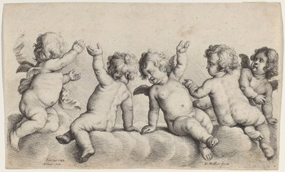 Kolme kerubia ja kaksi poikaa pilvissä tekijältä Wenceslaus Hollar, after Peeter van Avont