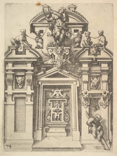 Suunnitelma arkkitehtoniselle rakennukselle, jossa on metsästysaihe, levy 74 Dietterlinin ark..., 1598. tekijältä Wendel Dietterlin the Elder
