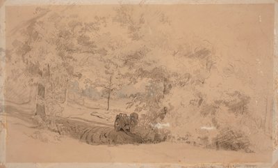 Metsämaisema, jossa hevonen ja kärryt ; Metsäinen maisema, mies onkimassa puron ylittävällä sillalla (kaksipuolinen teos) tekijältä Werner Holmberg