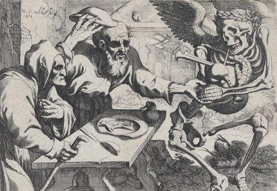 Vanha pariskunta ja kuolema säkkipillillä, 1612. tekijältä Werner Jacobsz. van den Valckert