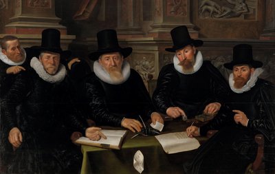 Neljä valtionhoitajaa ja Amsterdamin spitaalisten turvapaikan "kotiisä". Four Regents and the Housemaster of the Leper-House, Amsterdam tekijältä Werner van den Valckert