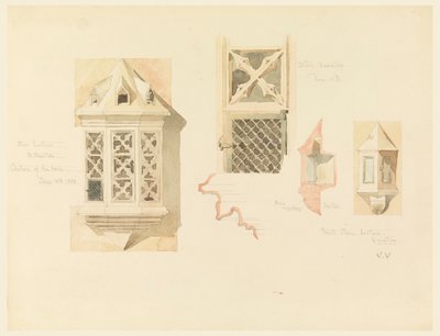 Piirros, kahden kivilyhdyn renderöinti, Amboisen linnasta, Ranska, 14.-15. kesäkuuta 1888. tekijältä Whitney Warren Jr.