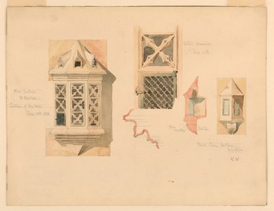 Piirros, kahden kivilyhdyn renderöinti, Amboisen linnasta, Ranska, 14.-15. kesäkuuta 1888. tekijältä Whitney Warren Jr.