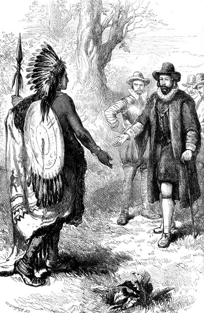 Narragansettin soturin vastaanotto, John Winthrop, Massachusetts, 1630-luku 1880 tekijältä Whymper