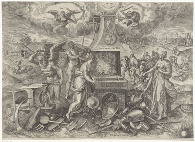 Rauhan voima, 1577 Die Cracht des Peys (otsikko esineessä) Allegoriat uudelle rauhankaudelle Alankomaissa (sarjan nimi) tekijältä Wierix
