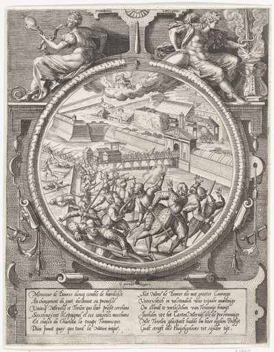 Boursen joukot karkottavat Treslongin ja Mervillen saksalaiset sotilaat linnoituksesta, 1577 Mitalit Antwerpenin linnoituksen vallassa vuonna 1577 (sarjan nimi) tekijältä Wierix