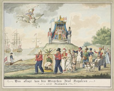 Napoleonin pakkosiirto Elballe, 1814 Den aftogt van den Menschen Executioner Napoleon Ranskasta (nimi esineessä) tekijältä Wijnand Esser (attributed to)