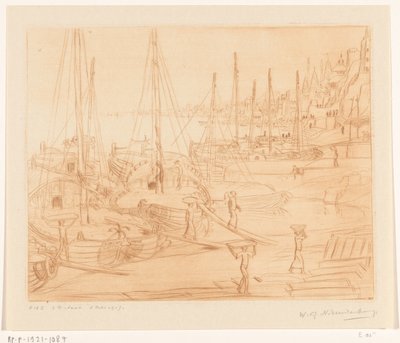 Laivat kiinnitettyinä Gangesin rannalle Benaresissa Ships Unloading II (alkuperäinen nimi) tekijältä Wijnand Otto Jan Nieuwenkamp (signed by artist)