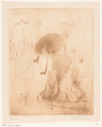 Naisten kylpeminen ja peseminen Gangesin rannalla Benaresissa Benares (alkuperäinen nimi) tekijältä Wijnand Otto Jan Nieuwenkamp (signed by artist)