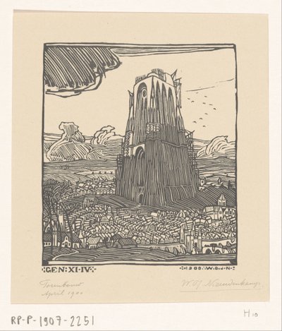 Baabelin tornin rakentaminen Tornirakennus (alkuperäinen nimi) tekijältä Wijnand Otto Jan Nieuwenkamp (signed by artist)