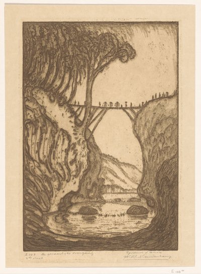 Puinen silta joen rotkon yli Balilla The Dangerous Transition (alkuperäinen nimi) tekijältä Wijnand Otto Jan Nieuwenkamp (signed by artist)