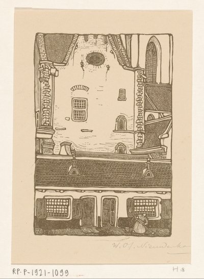 Taloja Sint-Bavokerkia vastaan ​​Oude Groenmarktilla Haarlemissa St. Bavo, Haarlem (alkuperäinen nimi) tekijältä Wijnand Otto Jan Nieuwenkamp (signed by artist)