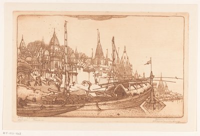 Laiva polttopuilla Gangesin rannalla Benaresissa Laiva polttopuilla, Benares (alkuperäinen nimi) Laivat, Benares (nimi esineessä) tekijältä Wijnand Otto Jan Nieuwenkamp (signed by artist)