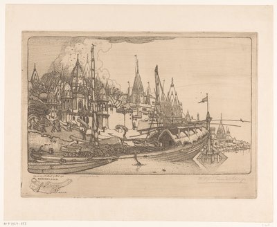 Laiva polttopuilla Gangesin rannalla Benaresissa Laiva polttopuilla, Benares (alkuperäinen nimi) tekijältä Wijnand Otto Jan Nieuwenkamp (signed by artist)