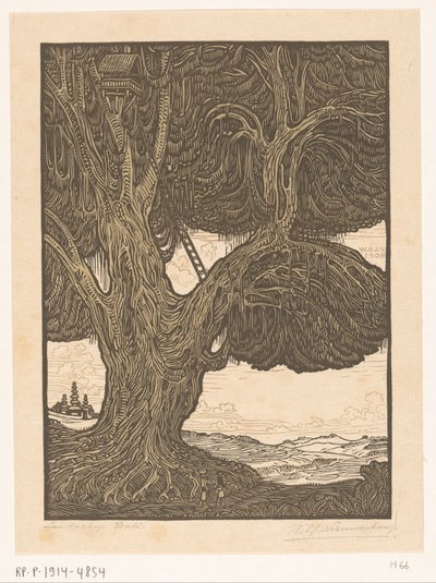 Waringin puumajalla Balin eteläosassa Vartiolaatikko, Etelä-Bali (alkuperäinen nimi) Maisema Bali (otsikko esineessä) tekijältä Wijnand Otto Jan Nieuwenkamp (signed by artist)