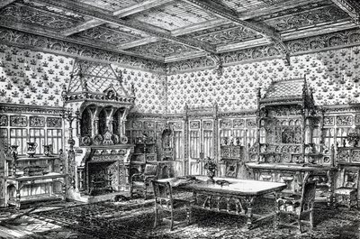 Suunnittelu goottilaiseen ruokasaliin, julkaistu The House-Furnisher & Decoratorissa, 1. syyskuuta 1872 tekijältä Wilberforce Haddon