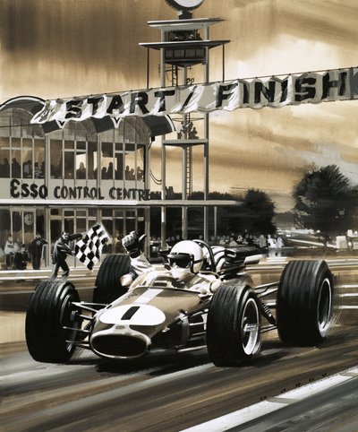 Jack Brabham nostaa peukalonsa ylös voittaessaan Kanadan ensimmäisen Grand Prix -kisan. tekijältä Wilf (20th century) Hardy