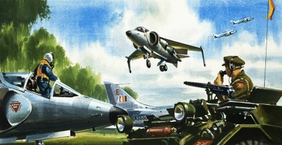 Katso -- ei kiitotietä. Lentokoneiden viimeisin kehitys. Harrier-hyppysuihkukone tekijältä Wilf (20th century) Hardy