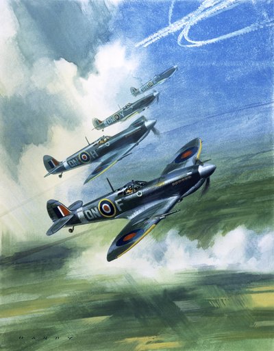 Kanadan kuninkaallisten ilmavoimien 416. laivueen partiolentue, Spitfire Mark 9:t (guassia paperille). tekijältä Wilf (20th century) Hardy
