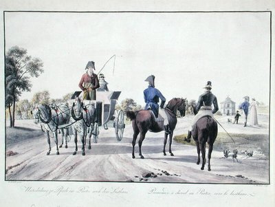 Ratsastus Prater Parkissa, Wienissä, kaiverrus Adam von Bartsch (1757-1821) 1804 (värillinen kaiverrus) tekijältä Wilhelm Alexander (after) Kobell