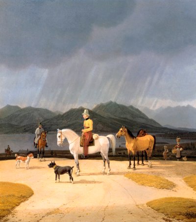 ""Cavaliers sur le lac Tegern Allemagne"" (Tegernsee-ratsastajat) Peinture de Wilhelm Ritter von Kobell (1766-1853) 1832 Öljy puulle Koko 282x263 cm Valtion museot, Berliini tekijältä Wilhelm Alexander Kobell
