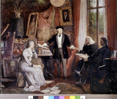 Vasemmalta oikealle: Cosima Wagner, Richard Wagner, Franz Liszt ja Walsogen Villa Wahfriedissa Bayreuthissa. Beckmannin maalaus tekijältä Wilhelm Beckmann