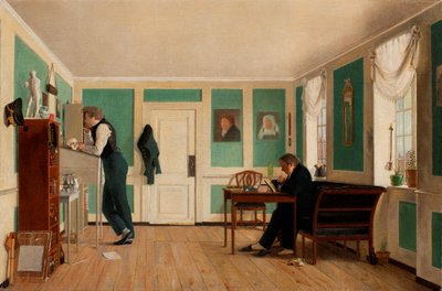Sisätilat Amaliegadesta. Kapteeni Carl Ludvig Bendz seisoo ja tohtori Jacob Christian Bendz istuu. tekijältä Wilhelm Bendz