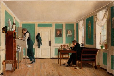 Sisustus Amaliegadelta. Kapteeni Carl Ludvig Bendz seisoi ja tohtori Jacob Christian Bendz istui tekijältä Wilhelm Bendz