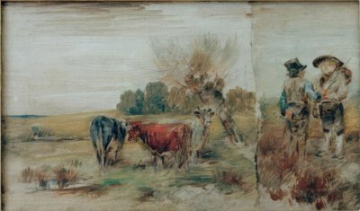 Vastauskuva: Kühe auf der Weide, zwei Bauern im Gespräch tekijältä Wilhelm Busch