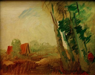 Punainen talo pellolla ennen metsän reunaa oikealla tekijältä Wilhelm Busch