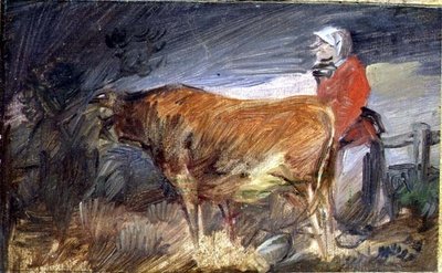 Nainen ja lehmä maisemassa tekijältä Wilhelm Busch