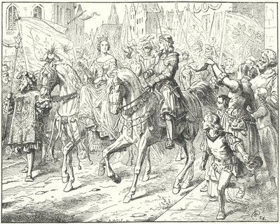 Arkkiherttua Maximilian, tuleva Pyhän Rooman keisari Maximilian I morsiamensa, Burgundin Marian, kanssa Gentissä tekijältä Wilhelm Camphausen