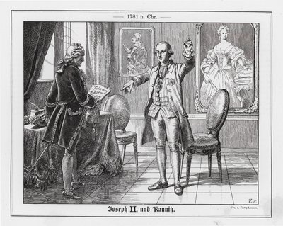 Pyhän Rooman keisari Joosef II ja hänen valtiokanslerinsa Kaunitz-Rietbergin prinssi. tekijältä Wilhelm Camphausen