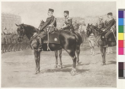 Keisari Franz Joseph I ja tsaari Nikolaus II paraatissa Champ-de-Marsilla Pietarissa. tekijältä Wilhelm Gause