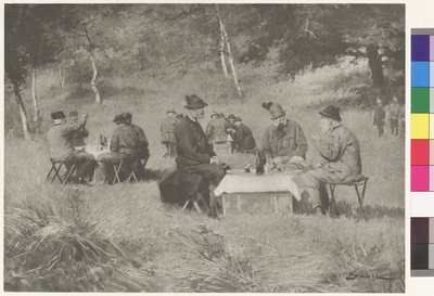 Metsästysseurue - keisari Franz Joseph pöydässä Baijerin prinssi Leopoldin ja Toscanan suurherttua Ferdinand IV:n kanssa. tekijältä Wilhelm Gause