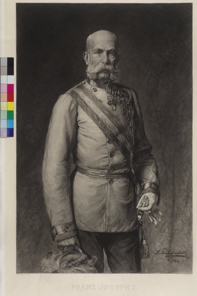 Franz Joseph I kenttämarsalkan juhlapuvussa, juhlahattu haravoituna tekijältä Wilhelm Hecht