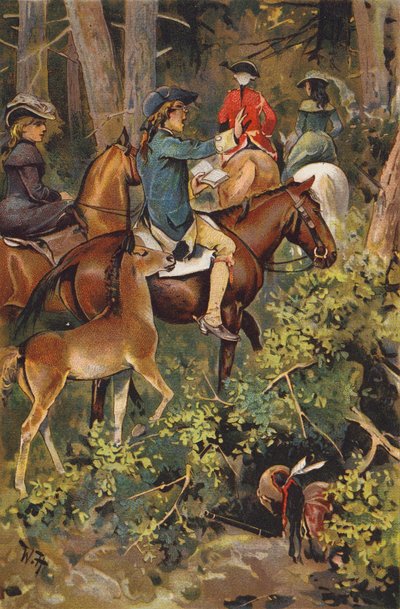 Kohtaus elokuvasta The Last of the Mohicans, kirjoittanut James Fenimore Cooper (värilitho) tekijältä Wilhelm Hoffmann