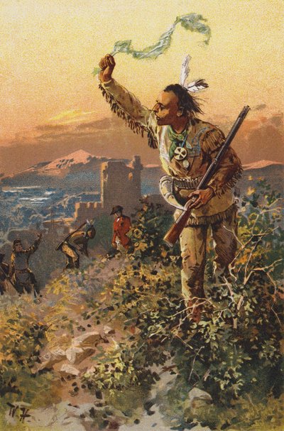 Kohtaus elokuvasta The Last of the Mohicans, kirjoittanut James Fenimore Cooper (värilitho) tekijältä Wilhelm Hoffmann