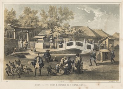 Leikkatun kiven silta ja temppelin sisäänkäynti, Simoda, 1855 tekijältä Wilhelm Joseph Heine