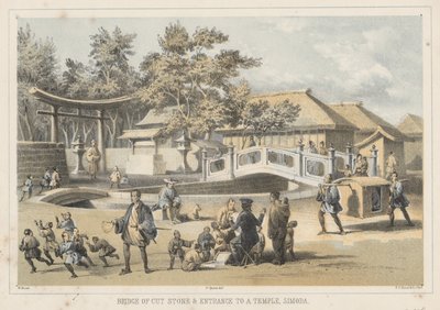 Leikkatun kiven silta ja temppelin sisäänkäynti, Simoda, 1855 tekijältä Wilhelm Joseph Heine