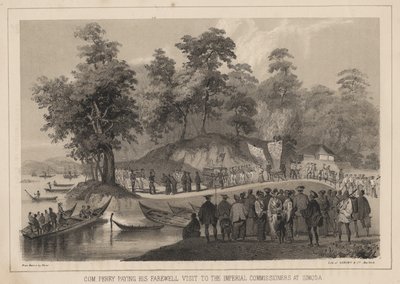 Com. Perry jäähyväisvierailullaan keisarillisten komissaarien luona Simodassa, 1855. tekijältä Wilhelm Joseph Heine