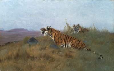 Tiikerit jahtaavat saalistaan (maalaus) tekijältä Wilhelm Kuhnert